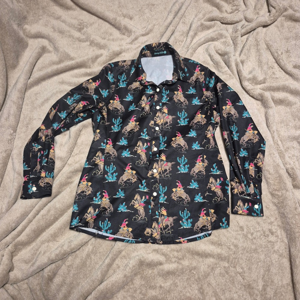 Sterling Kreek Womens Black Western Cowboy Bronco Print Button Down Shirt S